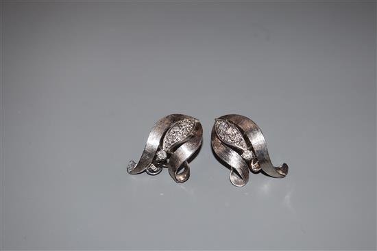 A modern pair of 18ct white metal and diamond set earclips, 29mm, gross 11.2 grams.